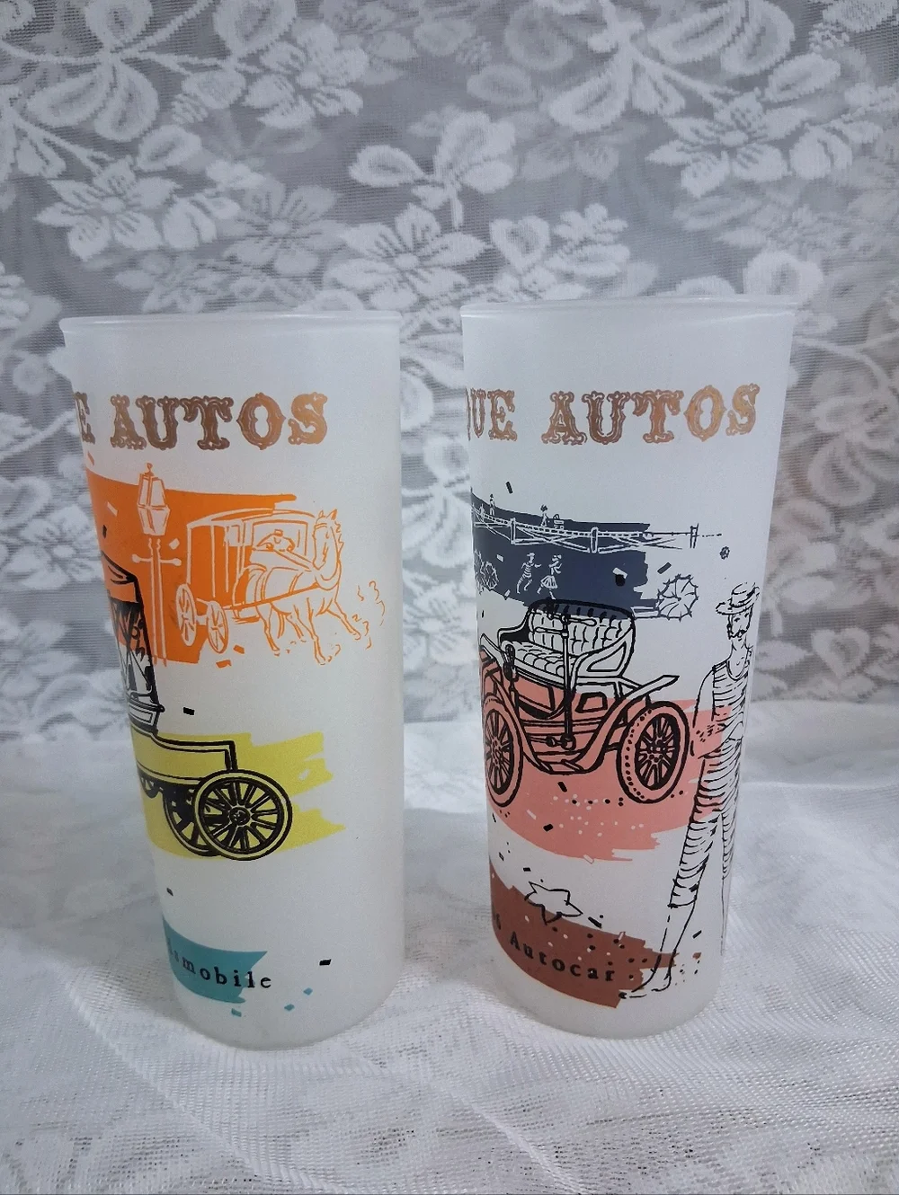Vintage Anchor Hocking Antique Autos Glasses Highball Tall Drinking Barware Pair